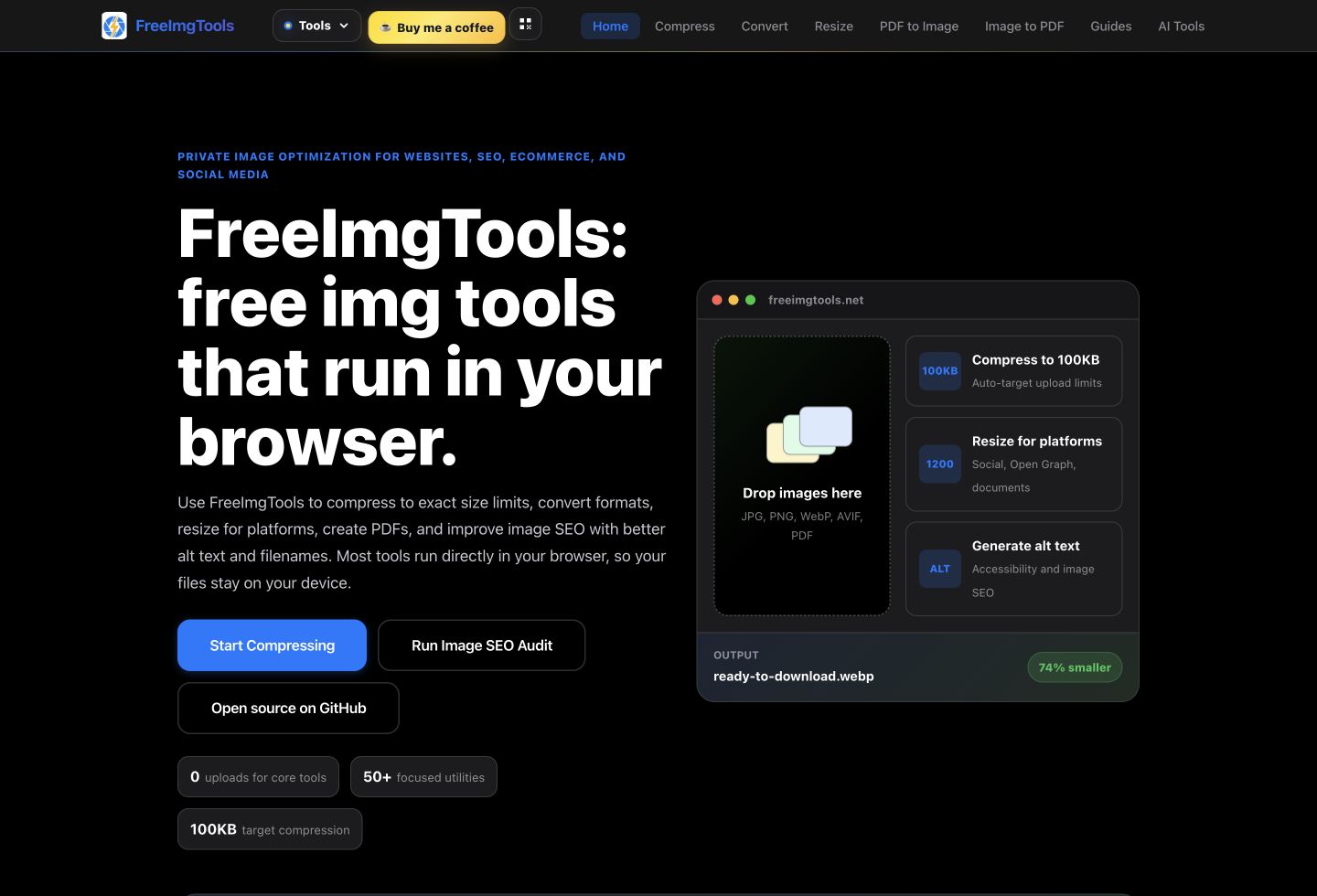 Free Image Tools product homepage with compression and conversion tools